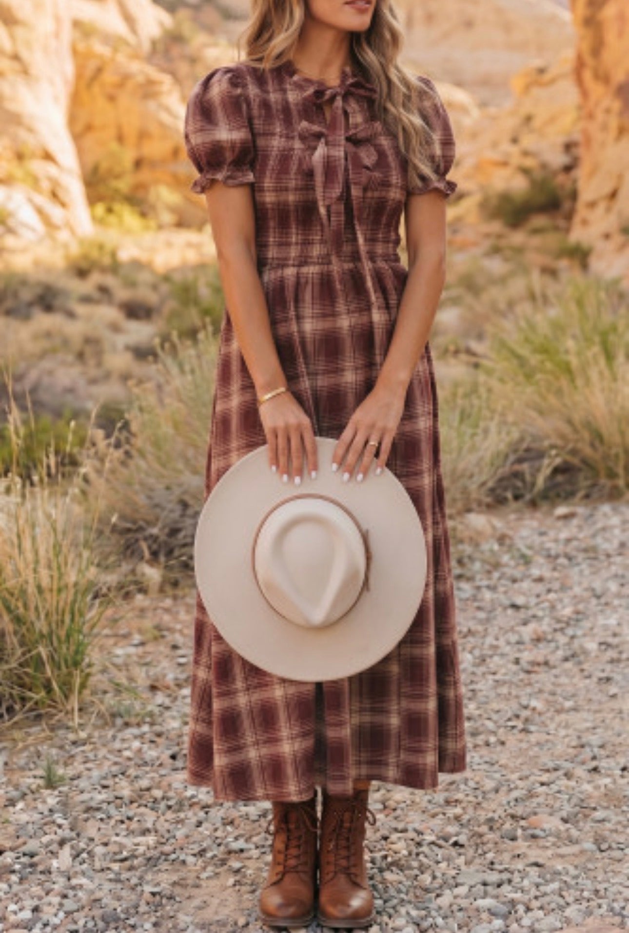 VINTAGE PLAID KNOT FRONT MIDI DRESS