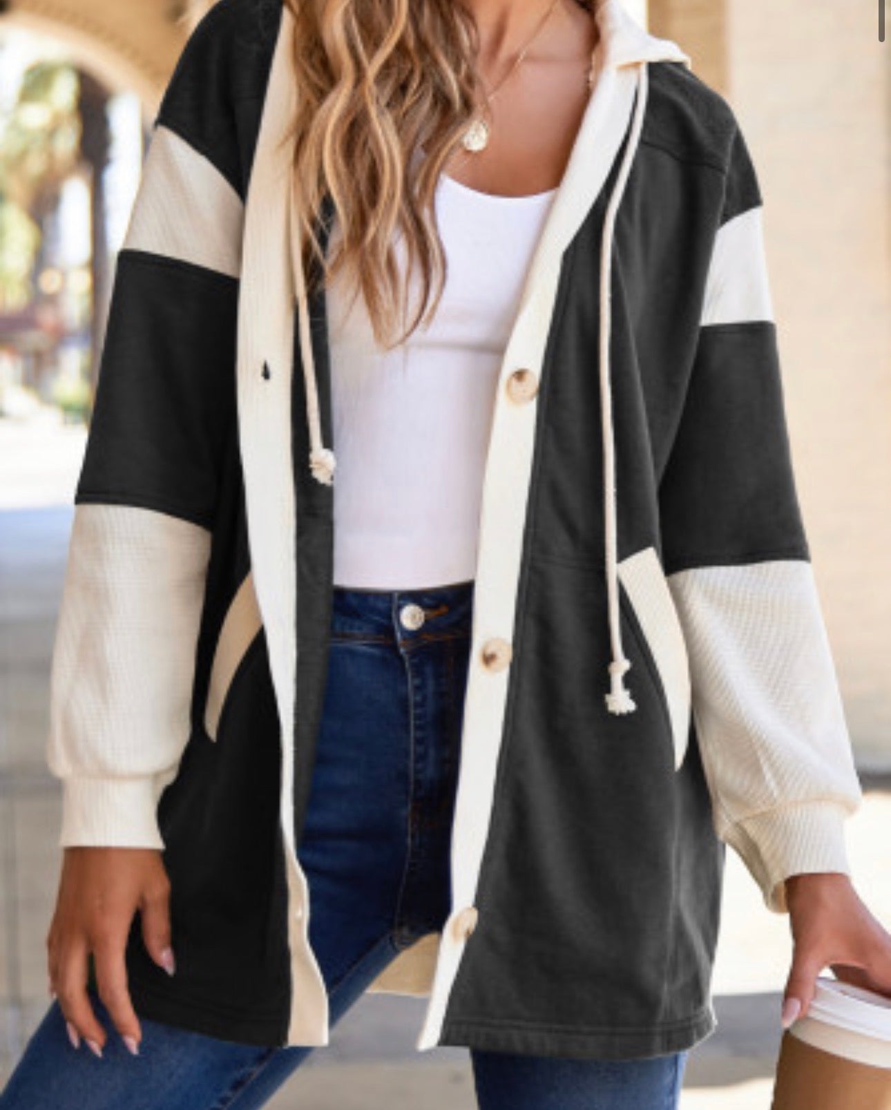 BLACK AND WHITE HOODED CARDIGAN