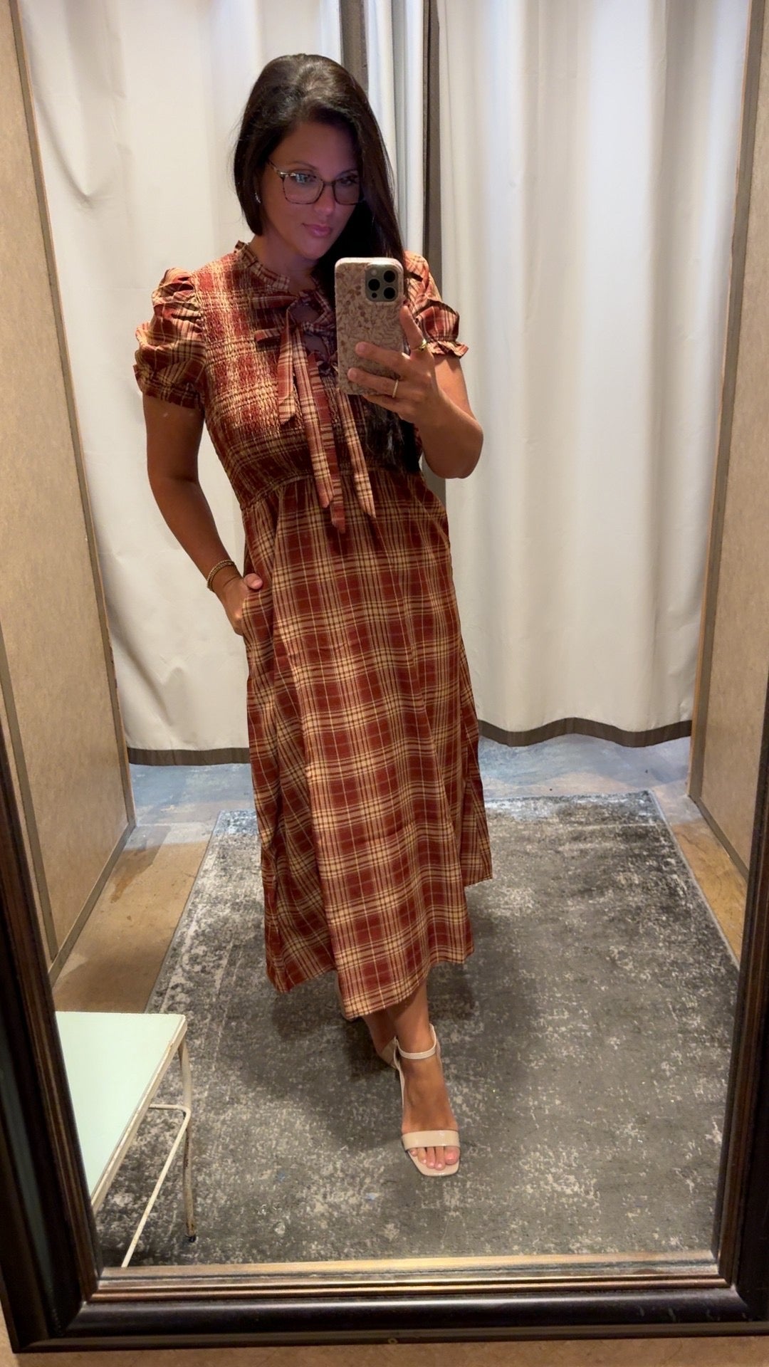 VINTAGE PLAID KNOT FRONT MIDI DRESS