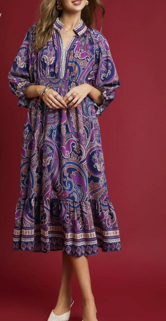 PRINTED PAISLEY MIDI DRESS