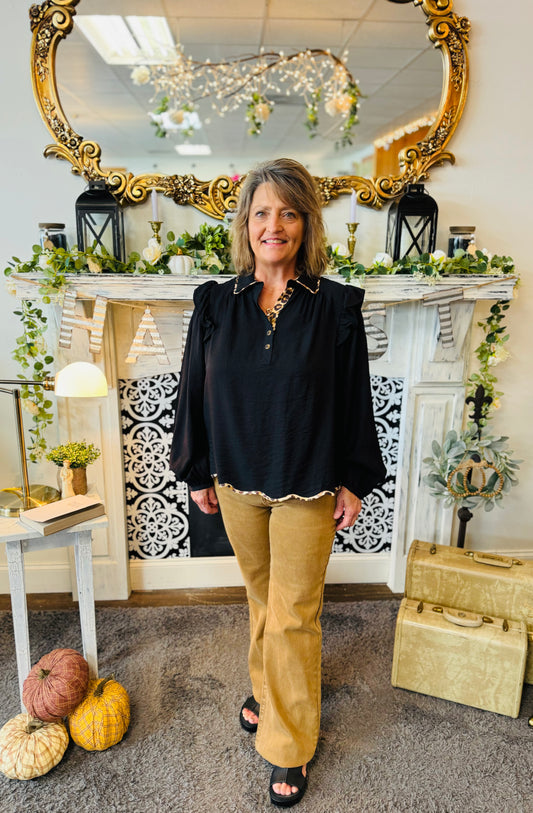 REECE LEOPARD TRIM BLOUSE